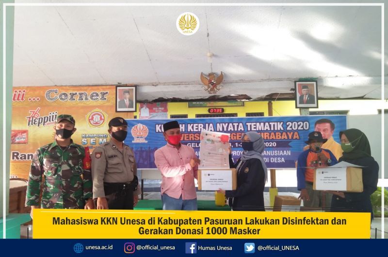 Mahasiswa KKN Unesa di Kabupaten Pasuruan Lakukan Disinfektan dan Gerakan Donasi 1000 Masker