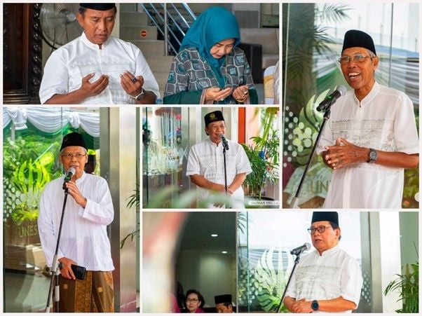 Rektor ke-11 Unesa, Prof. Nurhasan (kiri atas); Rektor ke-10 Unesa, Prof. Warsono (kanan atas); Rektor ke-9 Unesa, Prof. Muchlas Samani (kiri bawah); Rektor ke-8 Unesa, Prof. Haris Supratno (tengah); dan Rektor ke-7 Unesa, Prof. Toho Cholik Mutohir (kanan bawah).