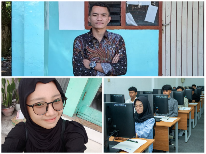 Yohanes Jekis Jandu (atas), dan Eky Ayu Wirasti (kiri bawah), peserta UTBK sesi dua Unesa yang masing-masing asal Manggarai, NTT, dan Kalimantan Utara.