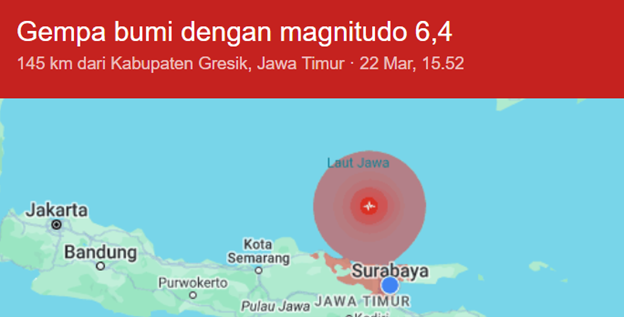 Citra gempa bumi yang mengguncang wilayah Jatim pada Jumat, 22 Maret 2024 (Data BMKG)